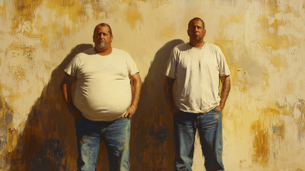Two identical men standing next to each other. One is fat the other thin.
