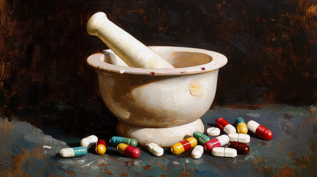 Pills surrounding a mortar and pestle