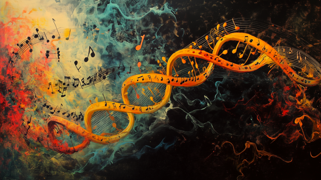 A DNA strand covered with musical notes