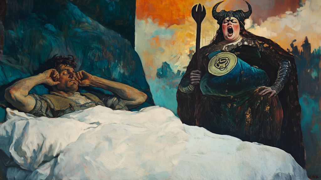 A man in bed holing his hands over his ears as an opera singer nearby sings.