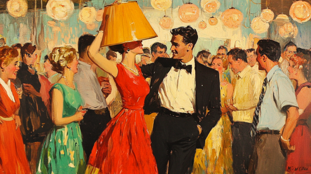A man and woman dancing at a a party. The woman has a lampshade on her head.