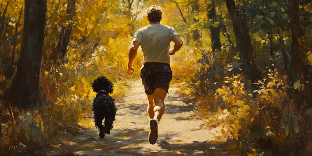 A man running with a dog in the woods
