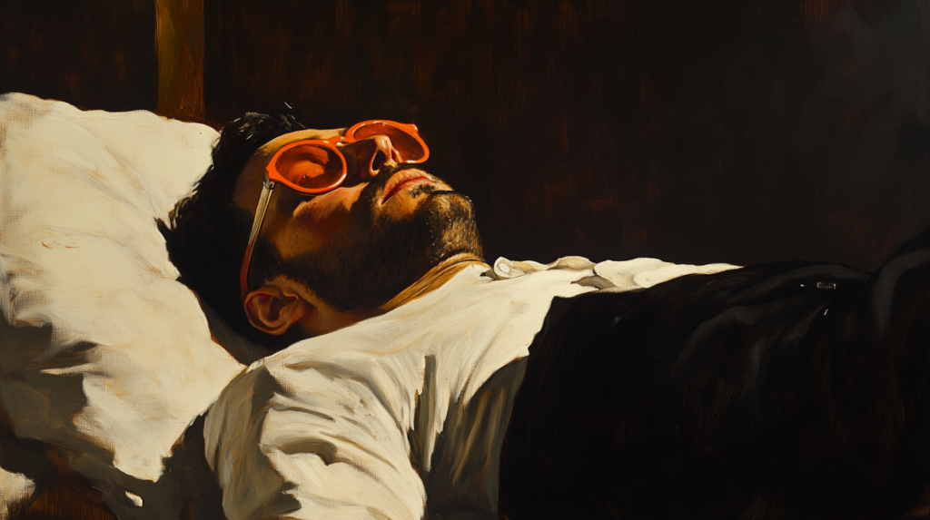 A man in bed wearing orange sunglasses