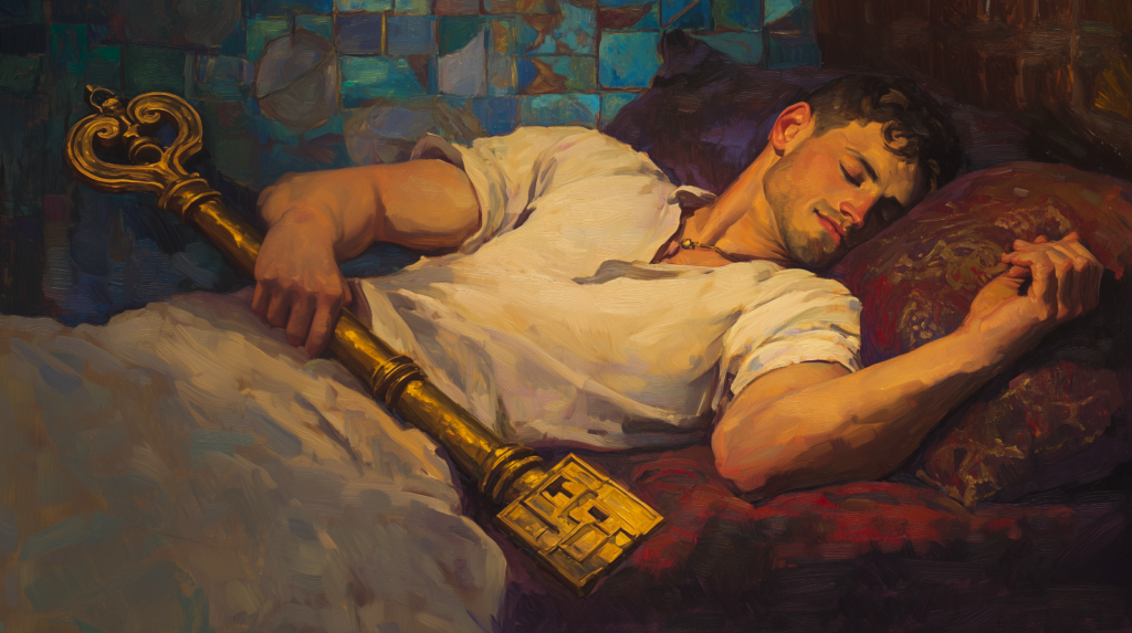 A man sleeping with a giant key