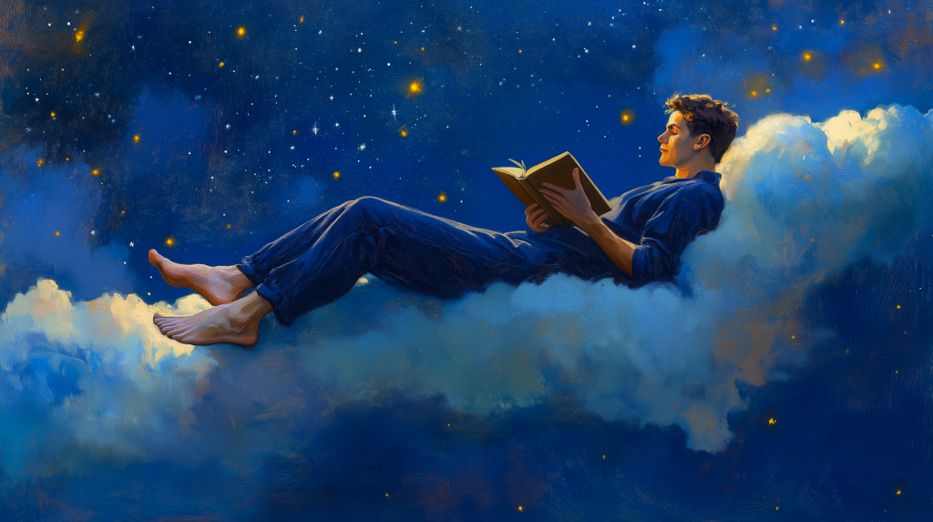 A man reading a book while reclining in the sky on a cloud